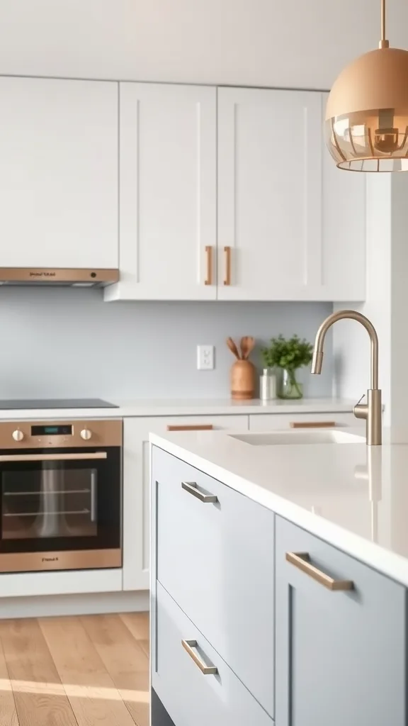 A modern kitchen featuring minimalist hardware with sleek cabinetry and gold accents.