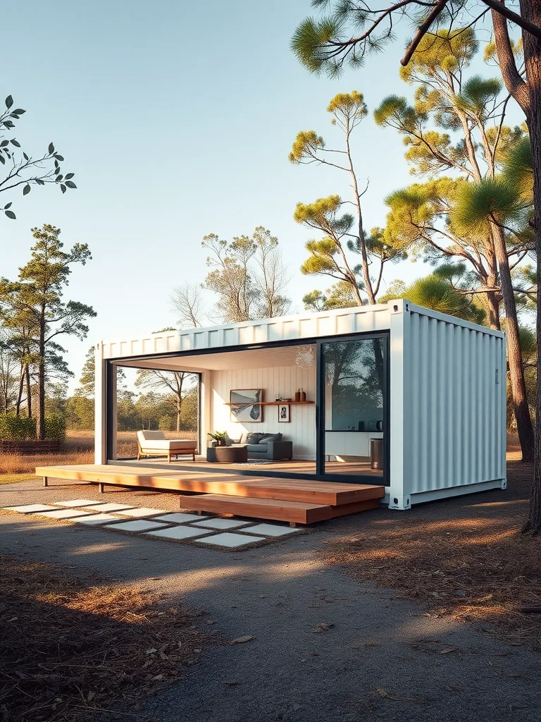 A minimalist shipping container home with a wooden deck and large glass doors, surrounded by trees.