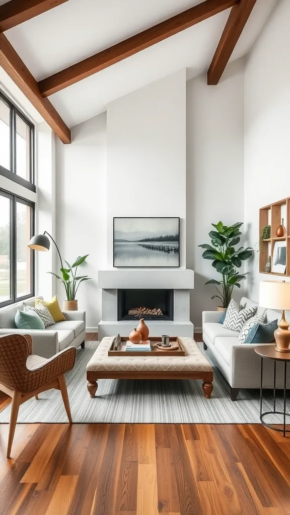 A neutral coastal living room featuring a mix of modern and rustic design elements.