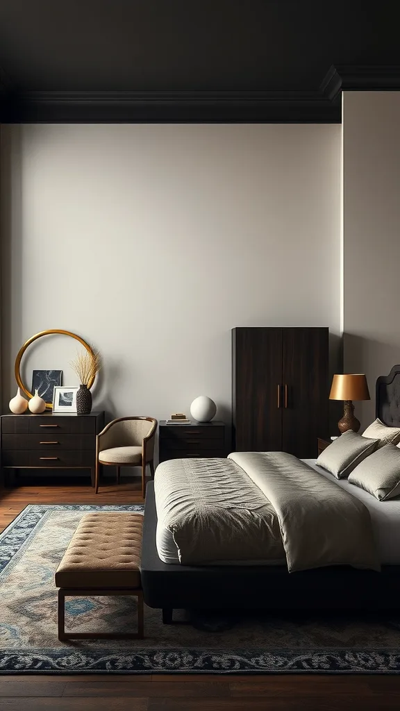 A stylish bedroom featuring dark wood furniture and metallic accents.