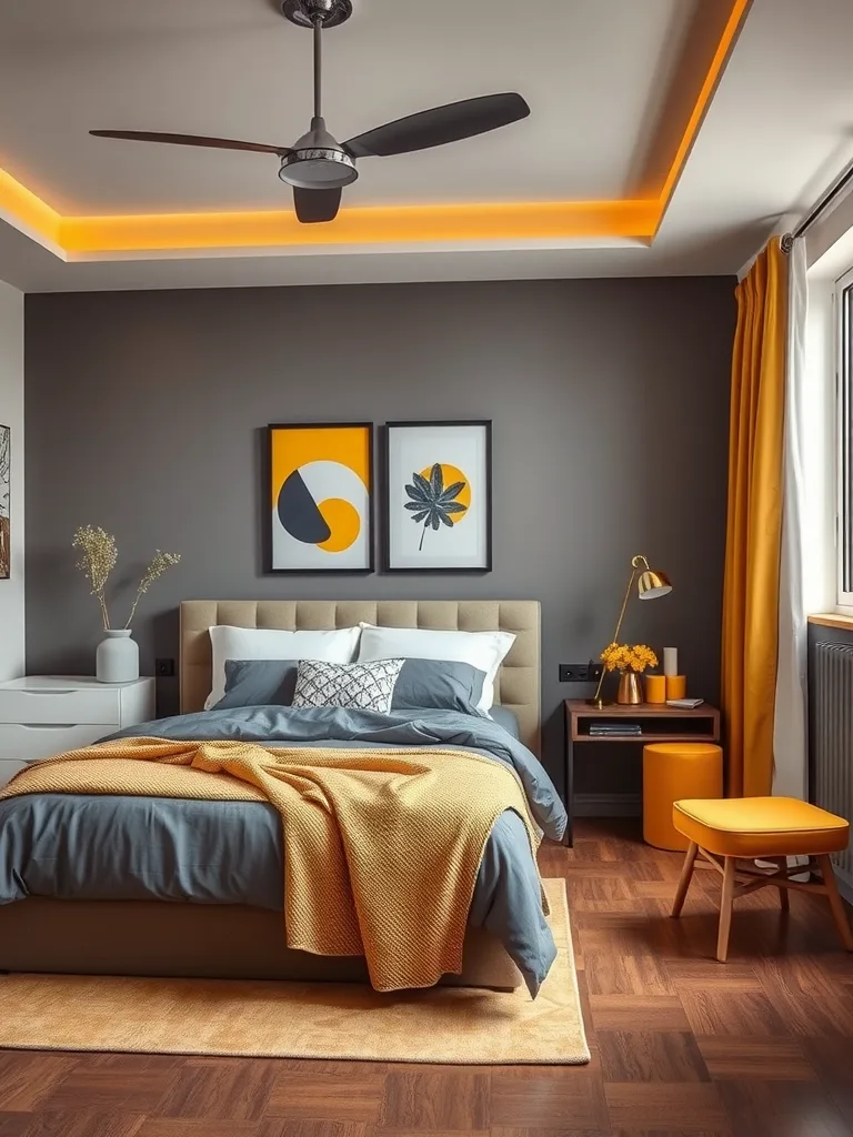 A stylish bedroom featuring grey walls with bright yellow accents in bedding and curtains.