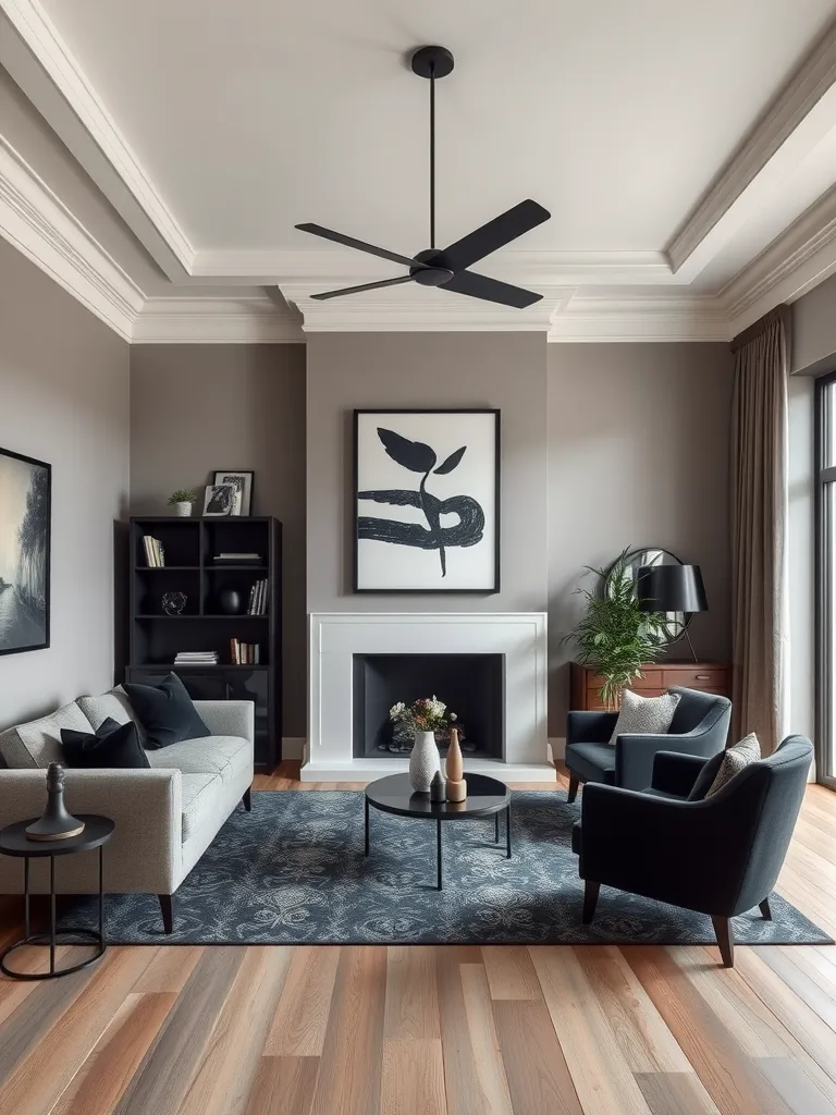 A stylish living room that mixes modern and classic styles with gray walls, black furniture, and artistic decor.