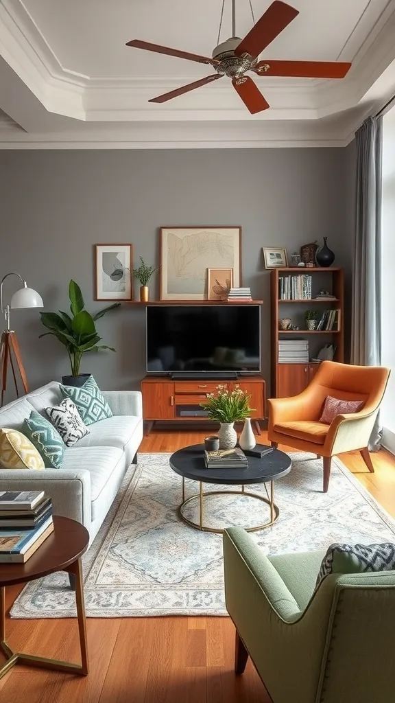 A modern and vintage styled living room with wooden accents, plants, and a glass coffee table.