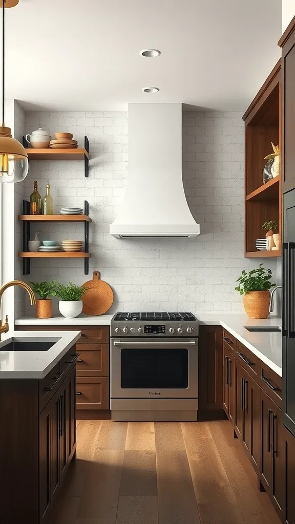 A stylish kitchen with a mix of open and closed shelving, featuring dishes, plants, and wooden details.