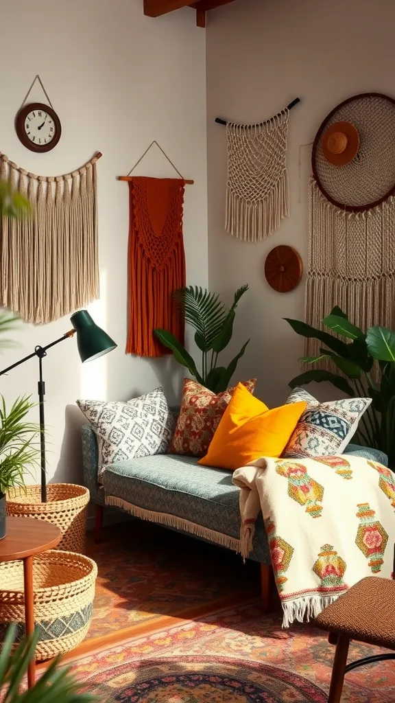 A boho home office corner featuring a cozy couch with colorful pillows, macramé wall hangings, and woven baskets.