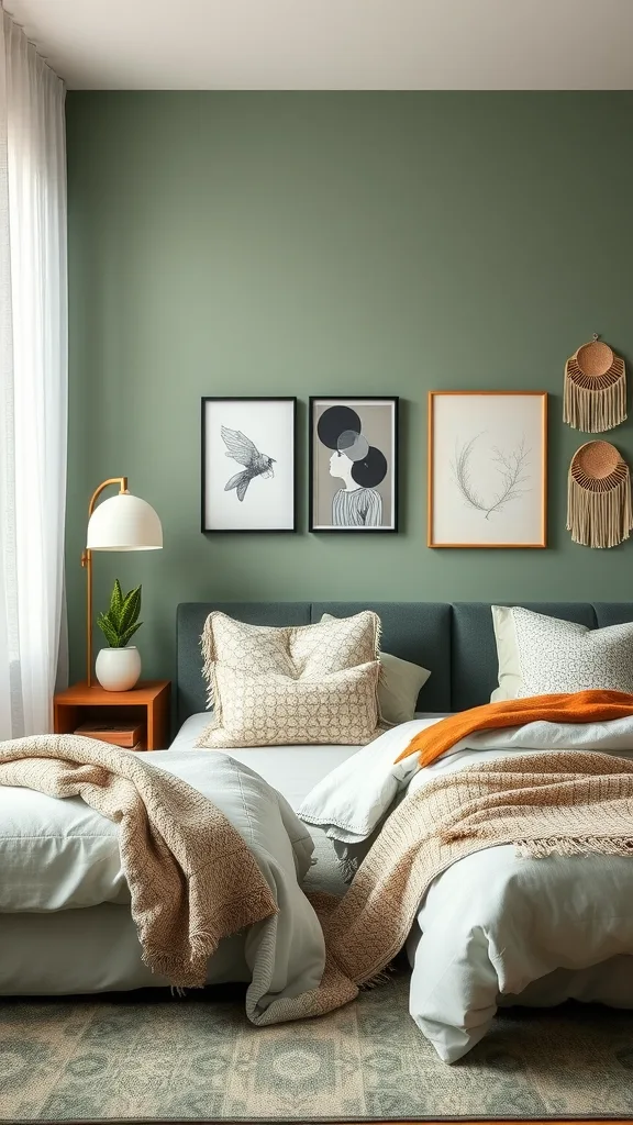 A sage green bedroom featuring mixed patterns on pillows and throws.