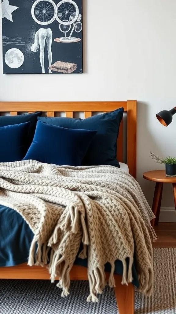 A cozy navy blue bedroom with a wooden bed frame, plush pillows, and a knitted blanket.