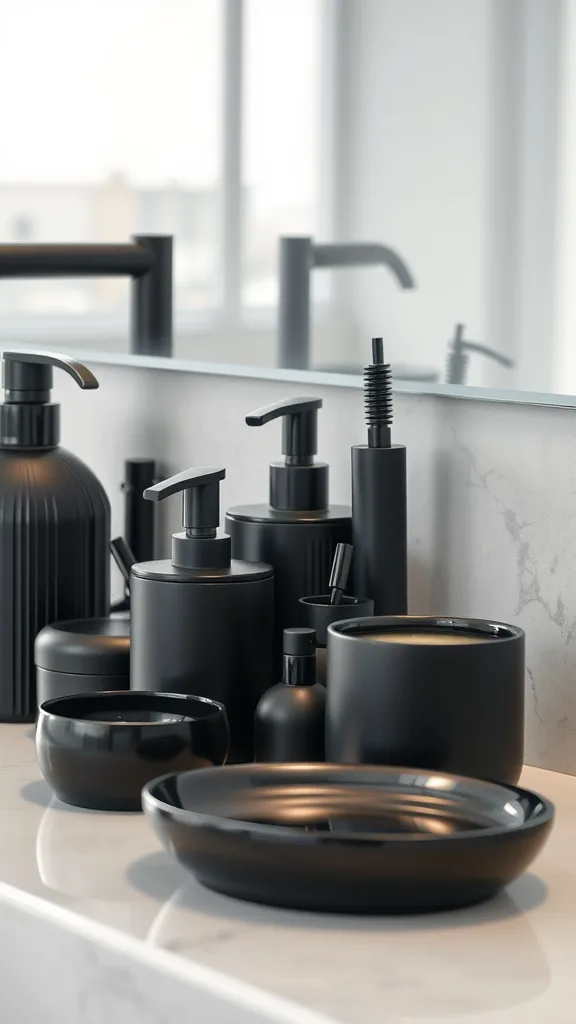 A collection of modern black bath accessories on a countertop, including various bottles and bowls.