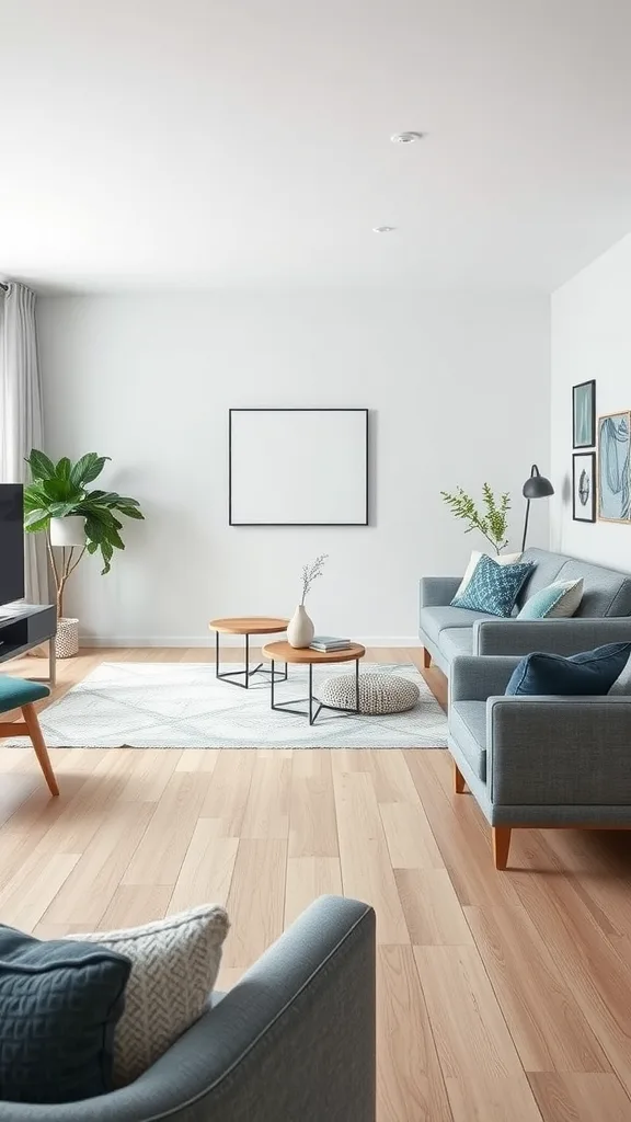 A modern living room featuring blue and gray decor, with minimalist design elements.