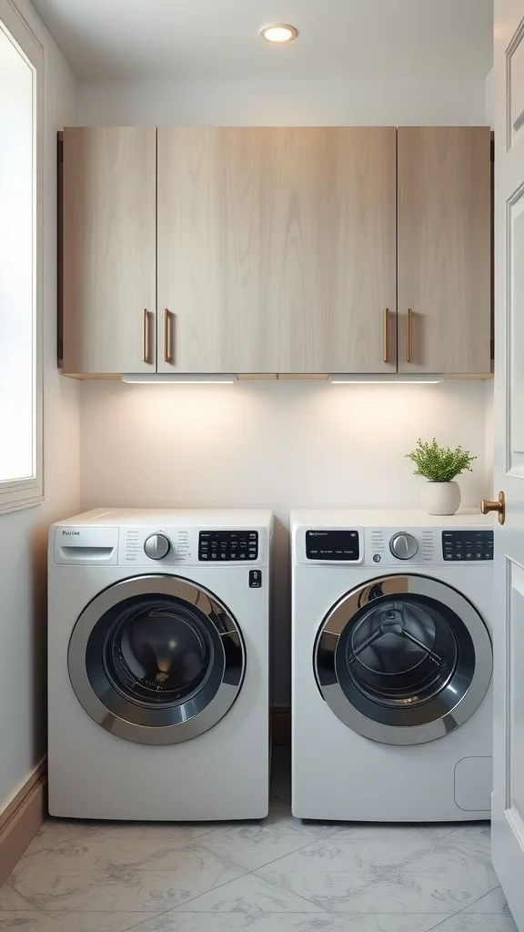 A modern minimalist laundry room with white walls, light wood cabinets, and two washing machines