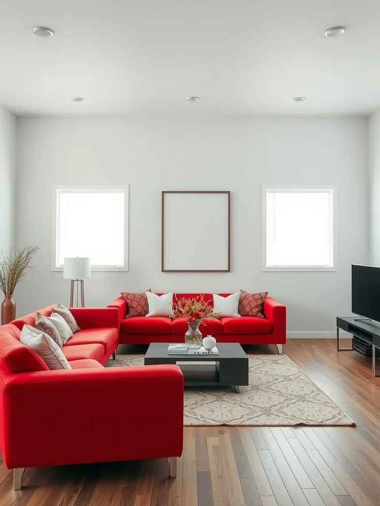 A modern living room featuring bright red furniture, a coffee table, and decorative pillows.