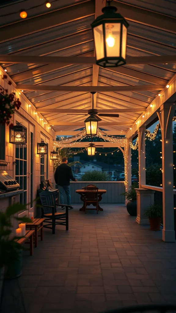 Cozy outdoor patio with warm mood lighting and a person standing by the railing