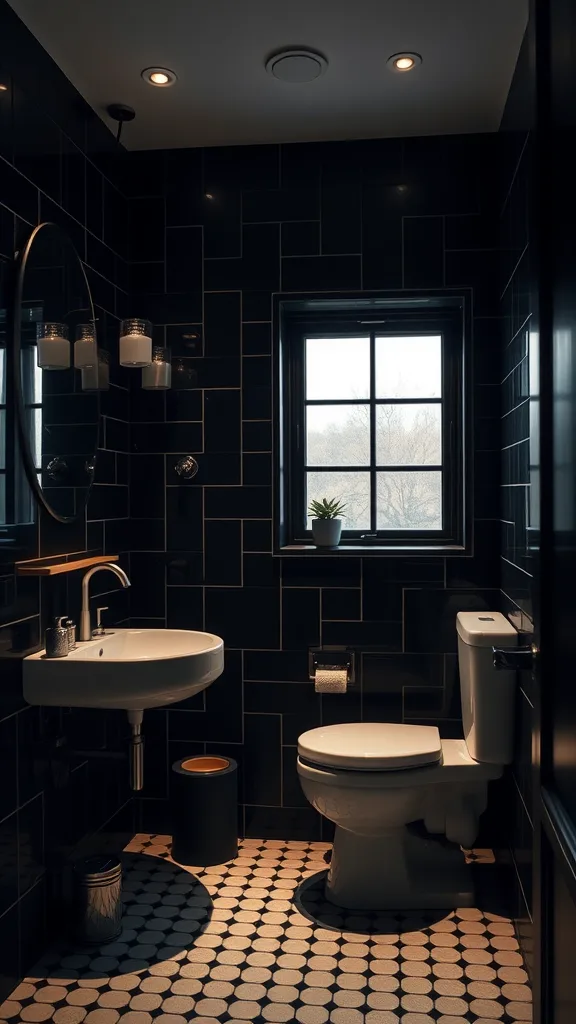 A stylish black half bathroom featuring mood lighting with polished black tiles and a window.