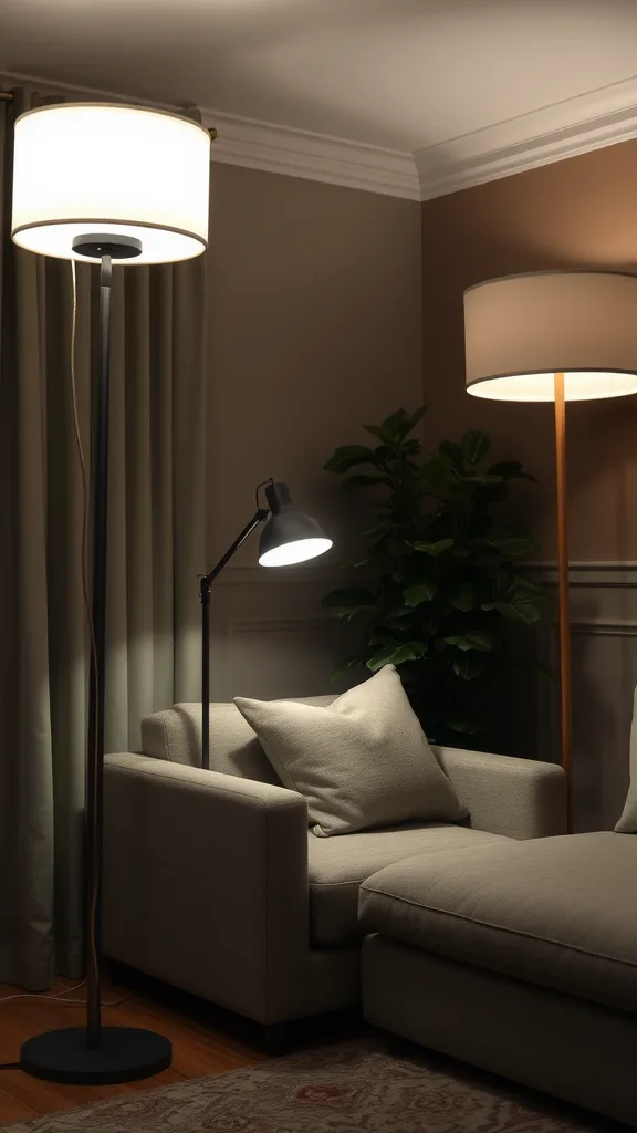 A cozy living room corner with two floor lamps, a comfortable sofa, and a plant.