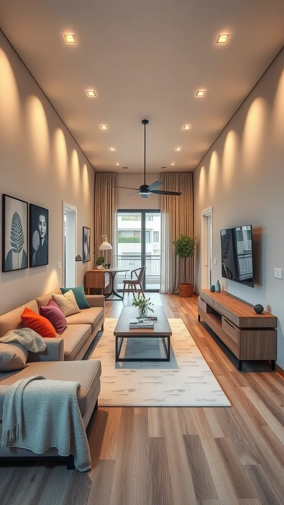 A modern long narrow living room featuring a cozy sofa, colorful cushions, a coffee table, and a small dining area.