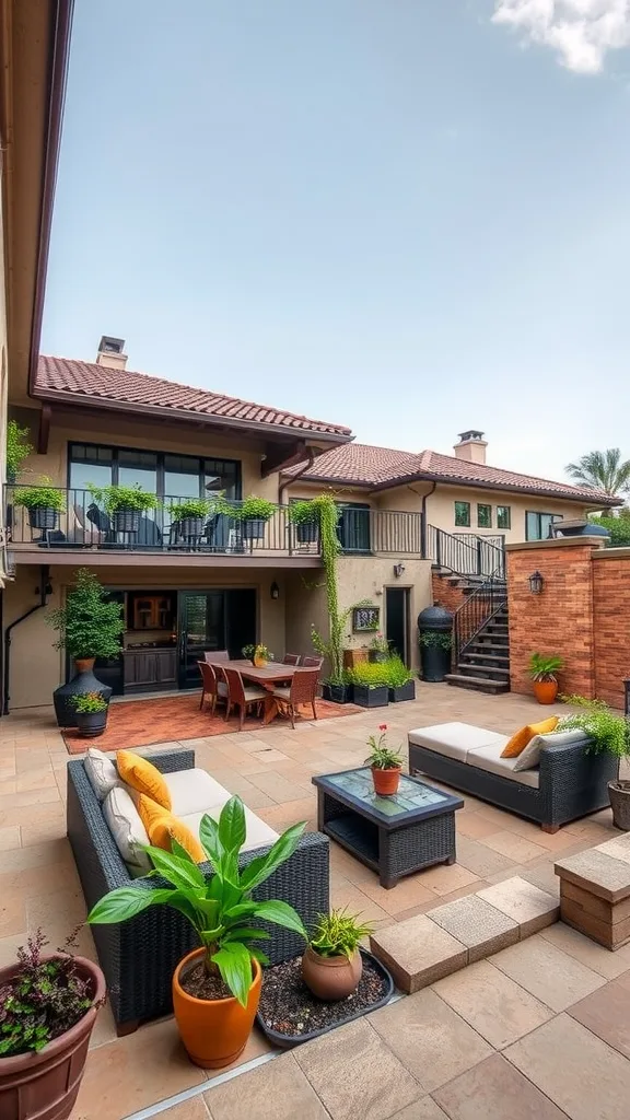 Multi-level patio design featuring a seating area and dining space, surrounded by plants.