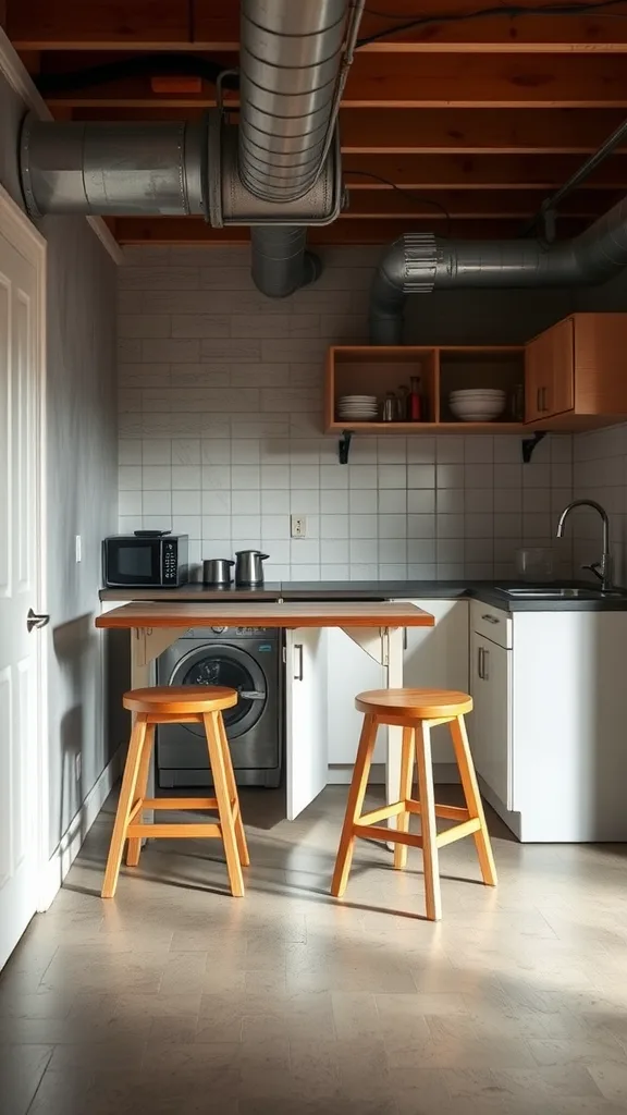 A modern basement kitchenette featuring a folding table, bar stools, and open shelving