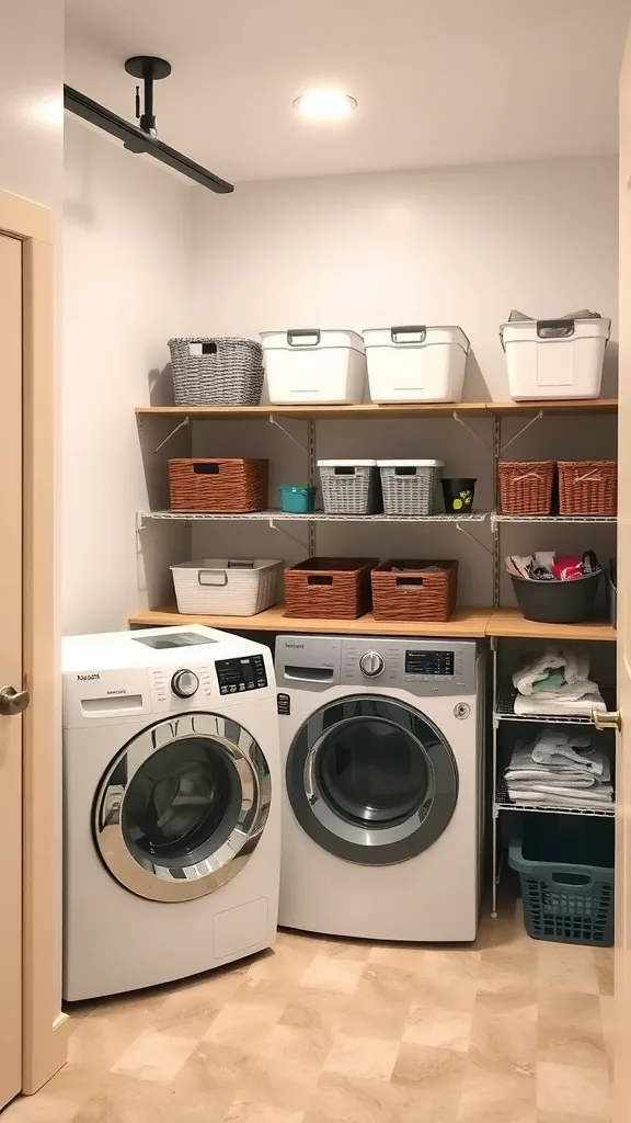 A neatly organized basement laundry room with washing machines and shelves filled with storage baskets.