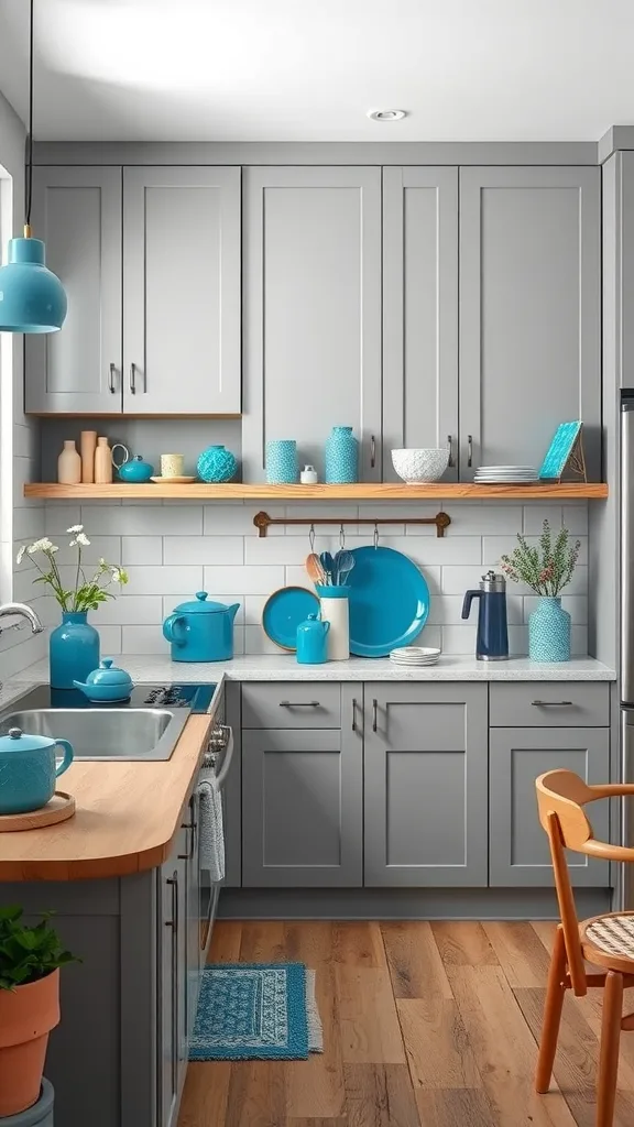 A kitchen featuring muted grey cabinets and bright blue accessories.