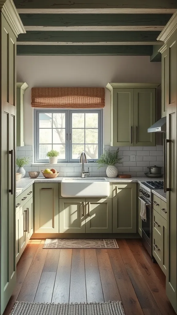 A kitchen featuring muted sage green cabinets, wooden floors, and natural light.