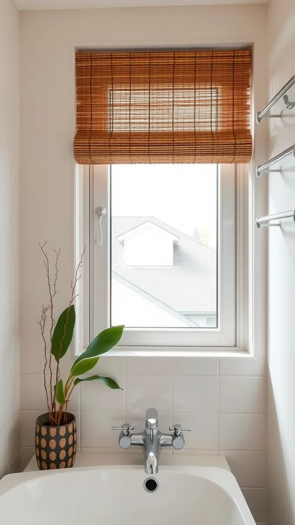 A bathroom window with natural bamboo shades, a plant, and modern fixtures.