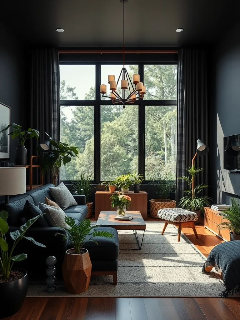 A stylish black living room with large windows, plants, and wooden furniture.