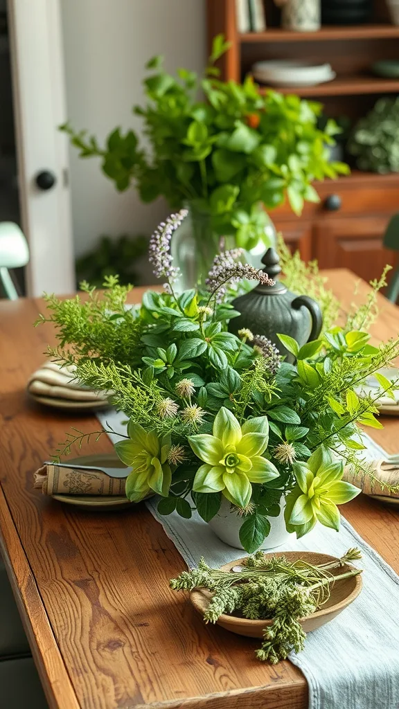 A farmhouse dining room with a wooden table covered in fresh green herbs and a chandelier above.