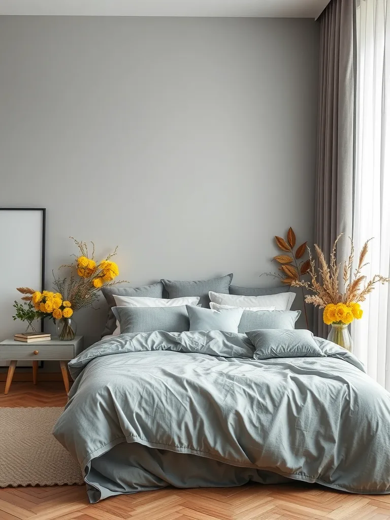 A stylish grey and yellow bedroom featuring a comfortable bed, yellow flowers, and natural decor.