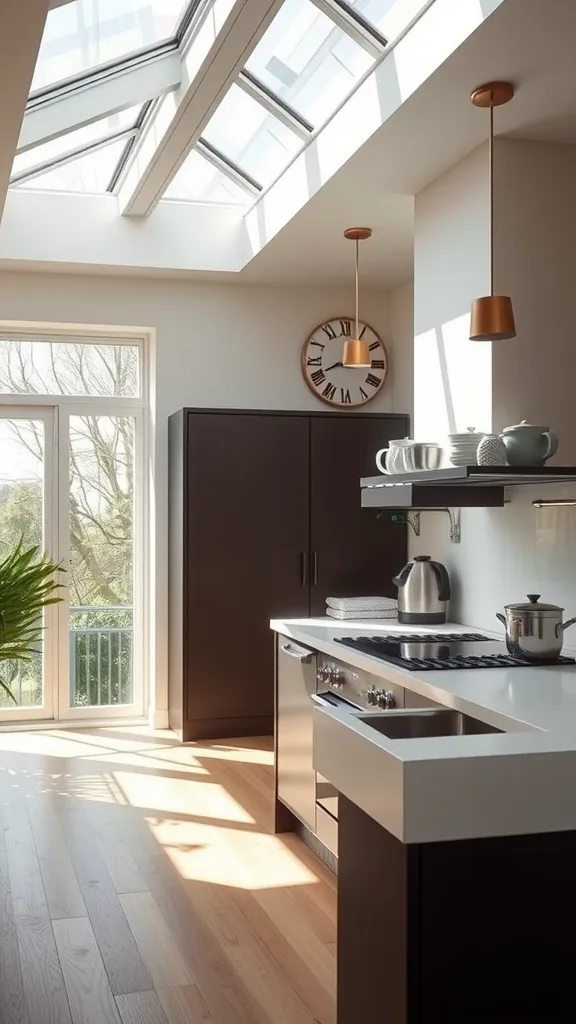 A modern kitchen with skylights and large windows, emphasizing natural light.