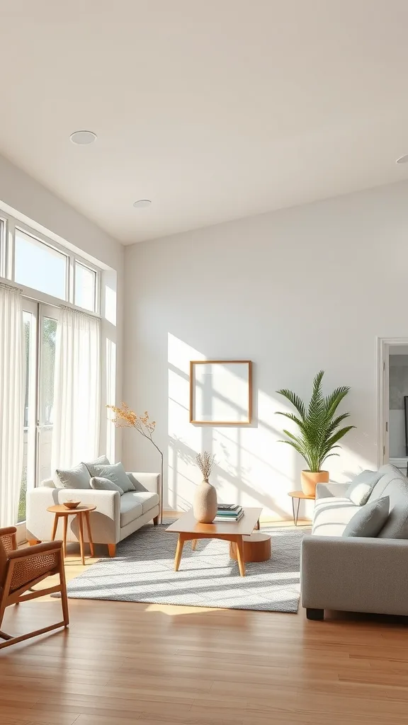 Bright and airy Japandi living room with large windows and natural light