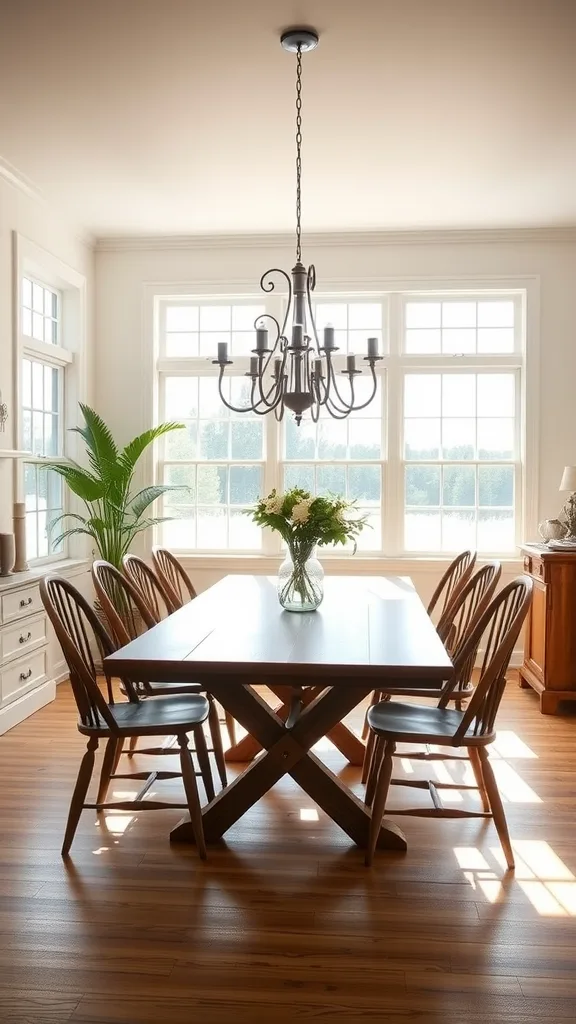 A farmhouse dining room featuring a wooden table and chairs, large windows letting in natural light, and a chandelier.