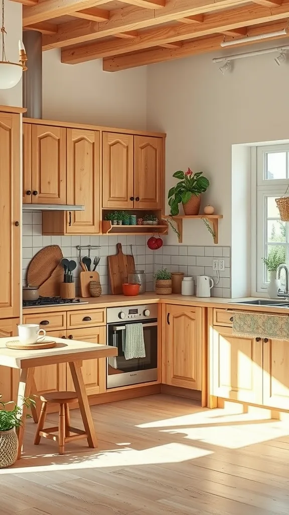 A cozy kitchen with natural pine cabinets, bright sunlight, and green plants.