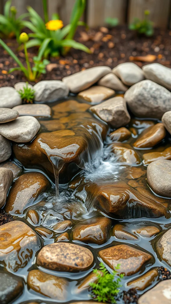 A small garden waterfall made of smooth stones with water flowing over them surrounded by greenery.