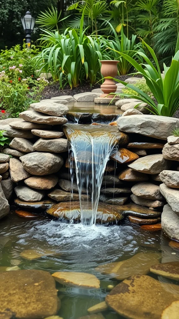 Natural stone waterfall cascading into a pond surrounded by plants