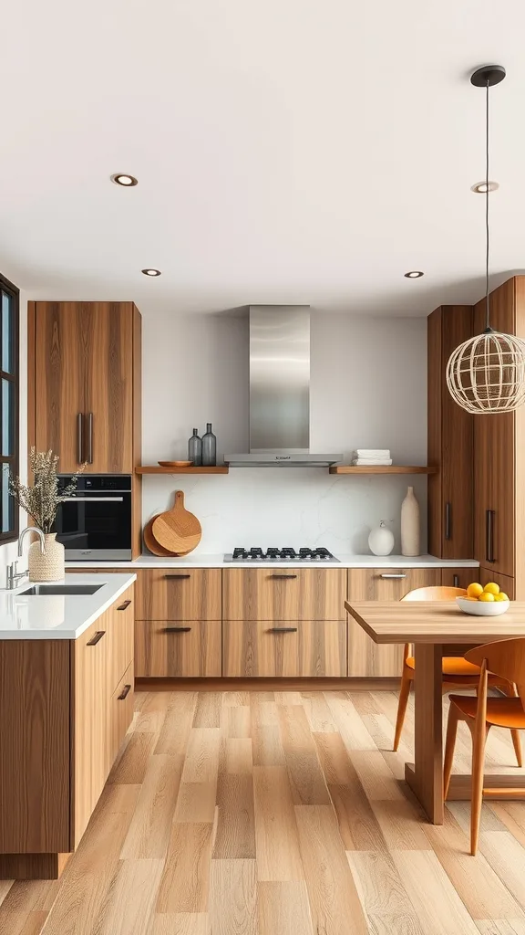 A modern kitchen featuring natural wood accents, including cabinetry and flooring, with a sleek countertop and contemporary appliances.