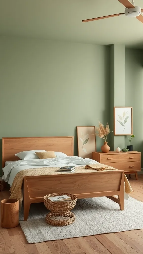 A cozy sage green bedroom featuring natural wood furniture and decor.