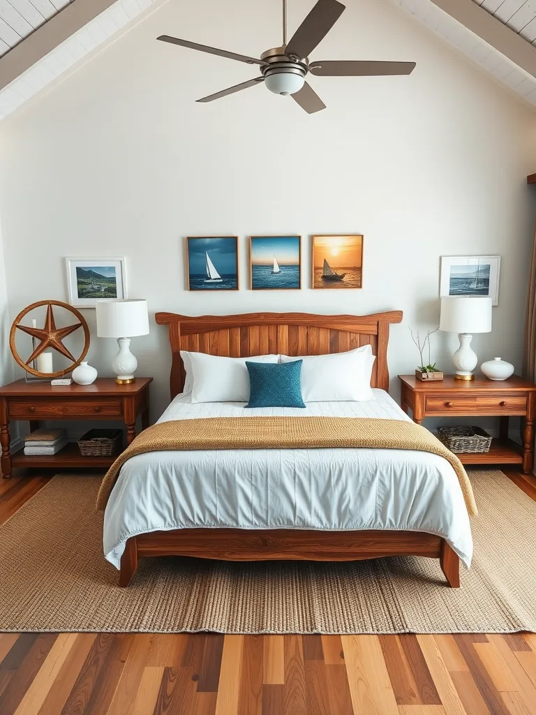 A coastal bedroom featuring natural wood furniture, including a wooden bed frame, nightstands, and nautical decor.