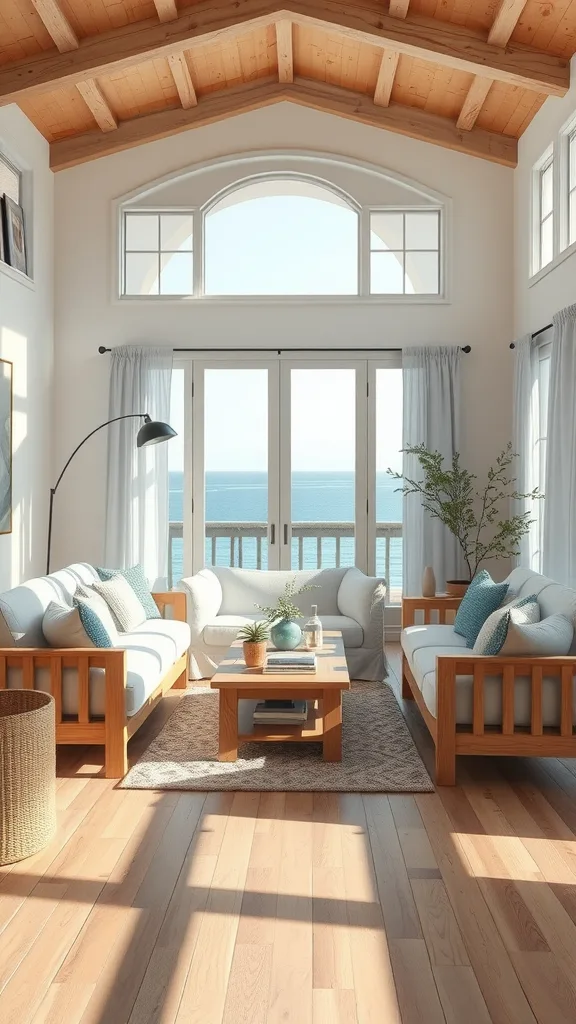 A bright coastal living room featuring natural wood furniture, white sofas, and large windows with a view of the ocean.