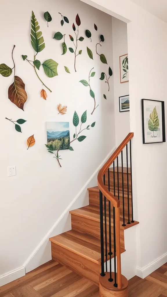 Nature-inspired wall art featuring leaves and a landscape painting along a staircase.