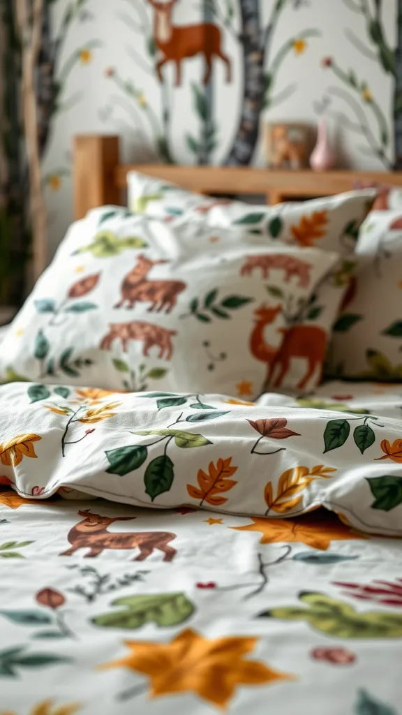 A cozy bed with nature motif bedding featuring animal and leaf designs.