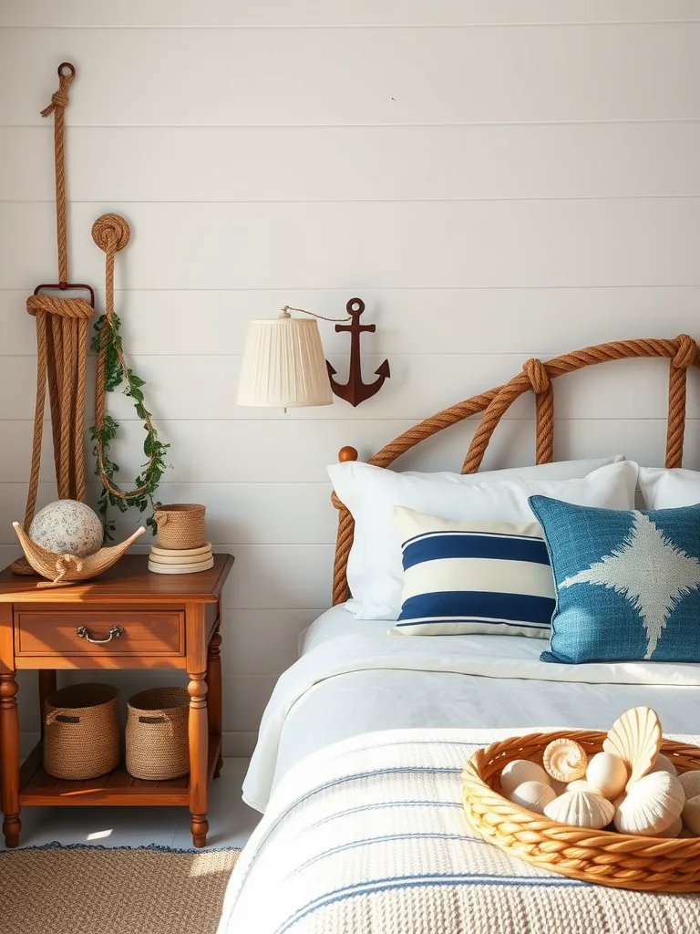 A cozy coastal bedroom featuring nautical decorative accents like rope details, an anchor on the wall, and a bowl of seashells.