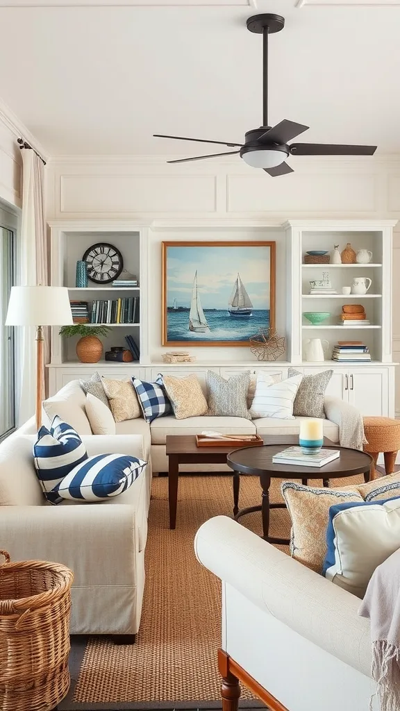 A bright and airy coastal living room featuring white sofas with nautical-themed pillows, a round coffee table, and a painting of sailboats.