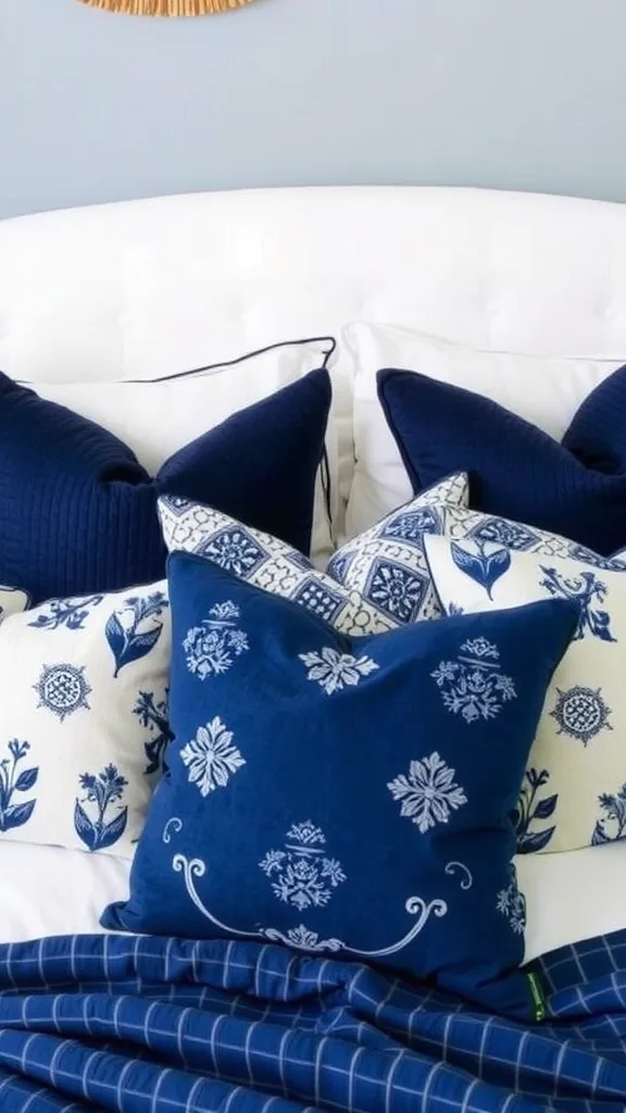 A close-up view of navy blue accent pillows in various textures and patterns on a bed, showcasing a cozy and stylish bedroom design.