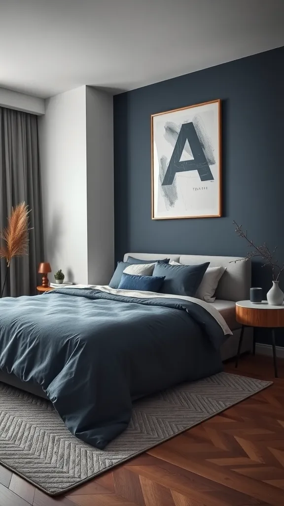 A cozy bedroom featuring navy blue walls, gray bedding, and wooden accents.