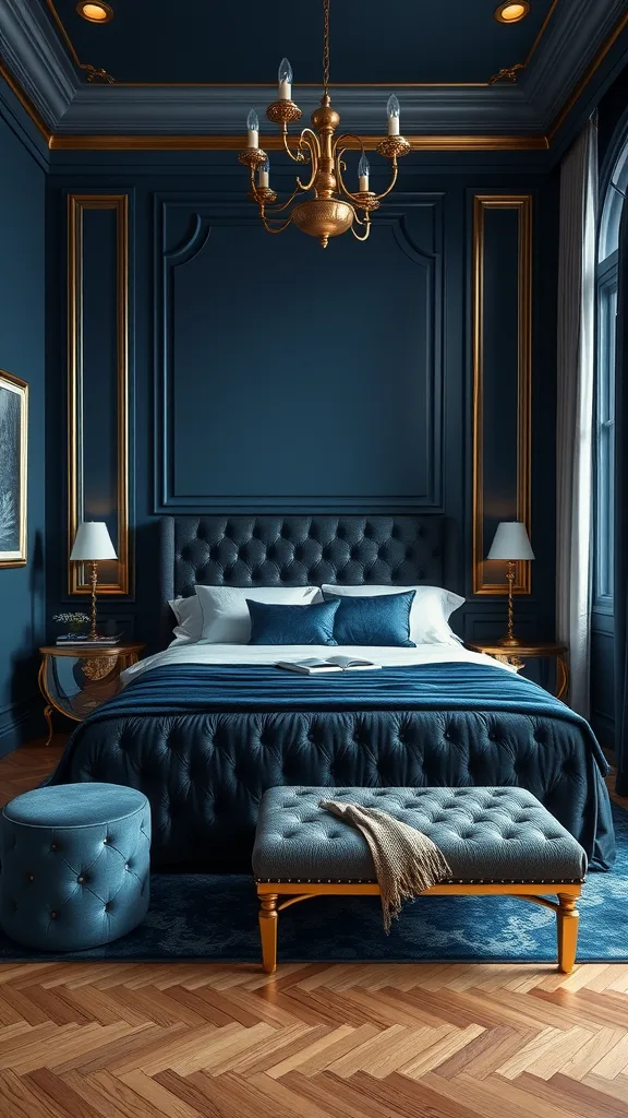 A luxurious bedroom featuring navy blue walls and gold accents.