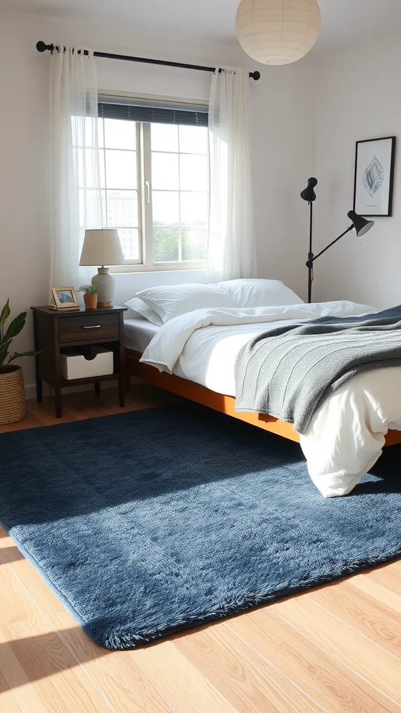 A cozy bedroom with a navy blue area rug placed under a bed, featuring light wooden flooring and soft white bedding.