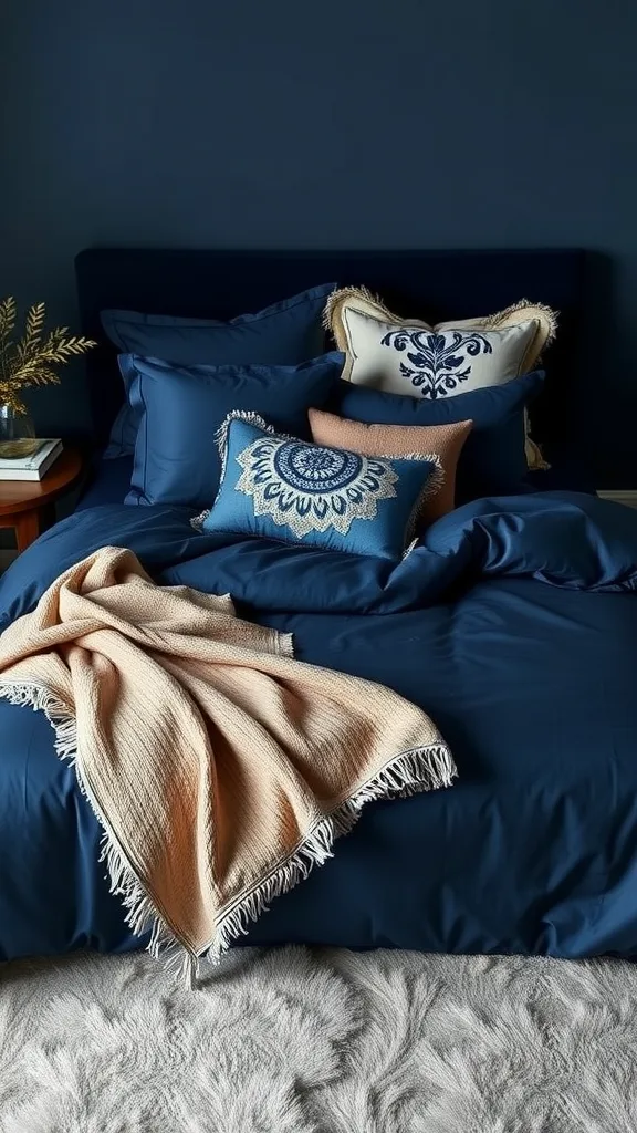 A cozy navy blue bedding set with decorative pillows and a light throw on a bed.