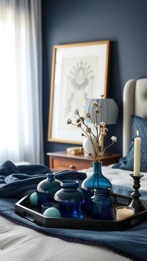 A stylish arrangement of navy blue bedroom accessories on a tray, featuring glass vases, a candle, and decorative elements.