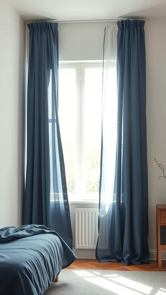 A bedroom with navy blue curtains allowing natural light to filter through a window, featuring a bed and wooden furniture.