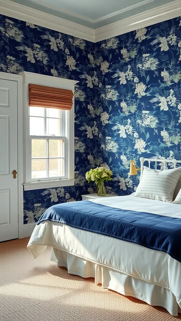 A cozy bedroom featuring navy blue floral wallpaper, a white bed with a navy comforter, and a window with orange shades.